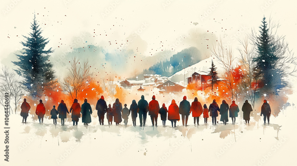 Winter village scene with snow, trees, and cozy lights Winter village scene with snow, trees, and cozy lights