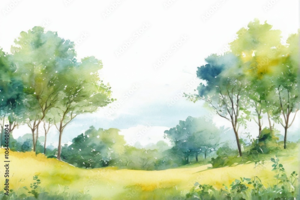 Tranquil watercolor landscape with green and yellow trees, blue sky, and lush greenery evoking a sense of peace. Tranquil watercolor landscape with green and yellow trees, blue sky, and lush greenery evoking a sense of peace.