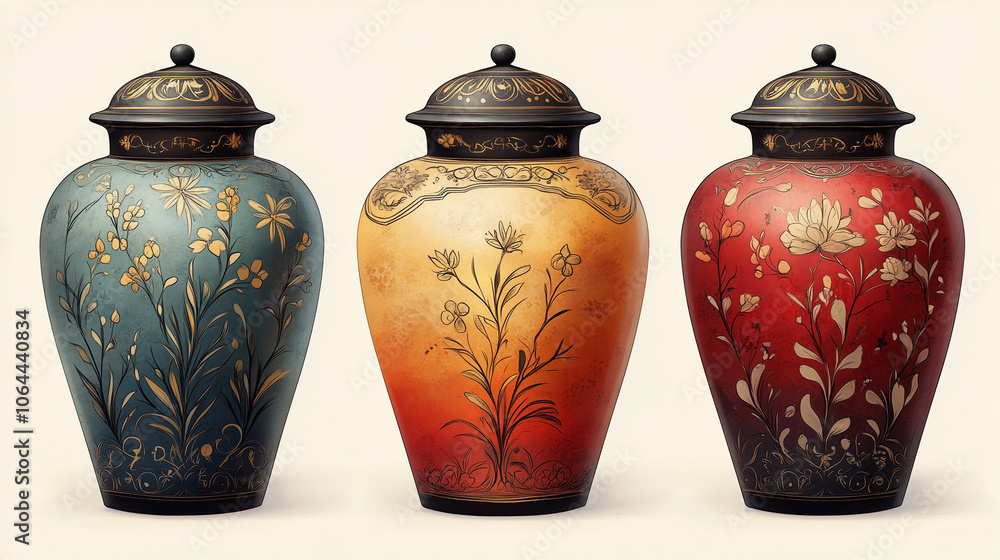 Three decorative floral vases in blue, orange, and red Three decorative floral vases in blue, orange, and red