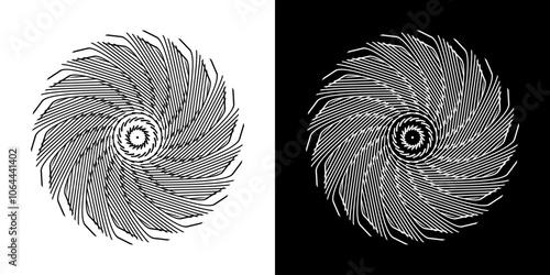 Abstract background with abstract line pattern in circles. Spiral art design as a logo or icon. A black figure on a white background and the same white figure on a black side. Mandala design with line