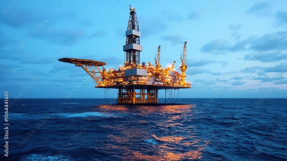 Massive offshore drilling platform lit up at night, towering over the ocean waves offshore platform, nighttime, oil industry Massive offshore drilling platform lit up at night, towering over the ocean waves offshore platform, nighttime, oil industry