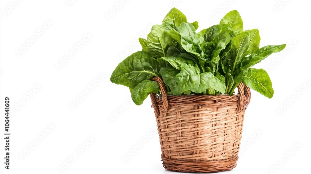 Fresh Green Spinach in Woven Basket Fresh Green Spinach in Woven Basket