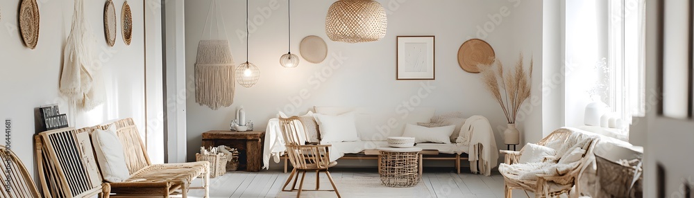 Obraz premium Light and airy living room with boho decor and natural textures