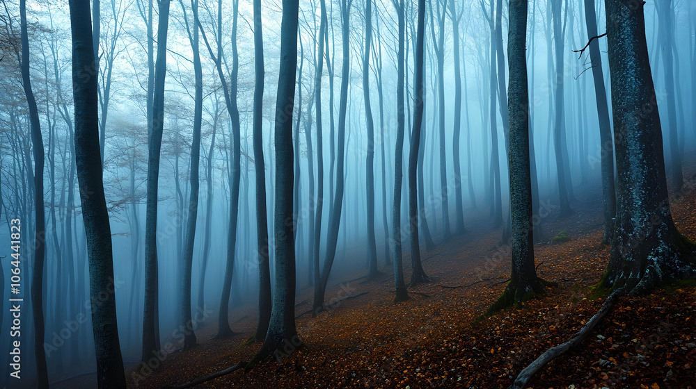 Fototapeta premium Misty, blue-hued forest with bare trees and fallen leaves.