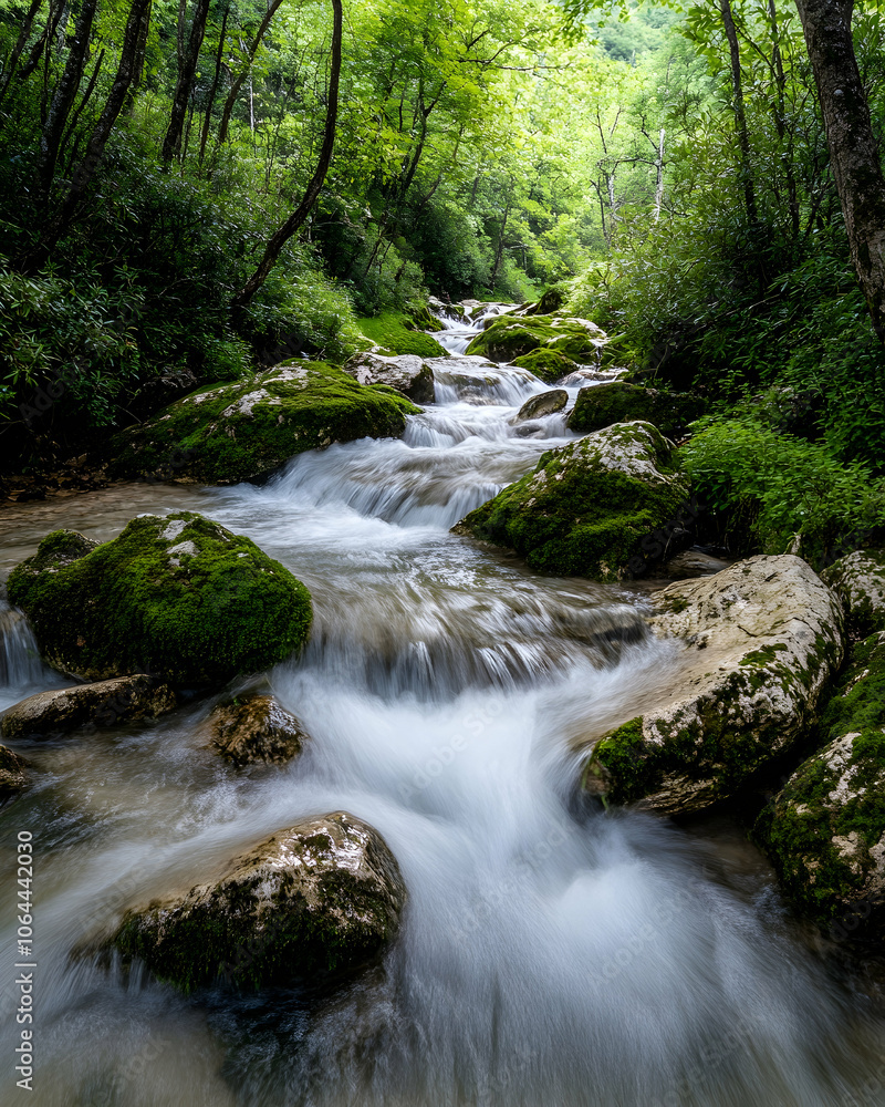 Serene creek flows through lush green forest with moss-covered rocks. Serene creek flows through lush green forest with moss-covered rocks.