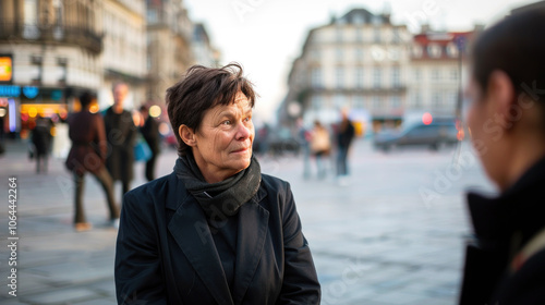 Middle-Aged Woman with Short Hair in Black Blazer Negotiating with Client Outdoors - Professional Business Meeting on City Street