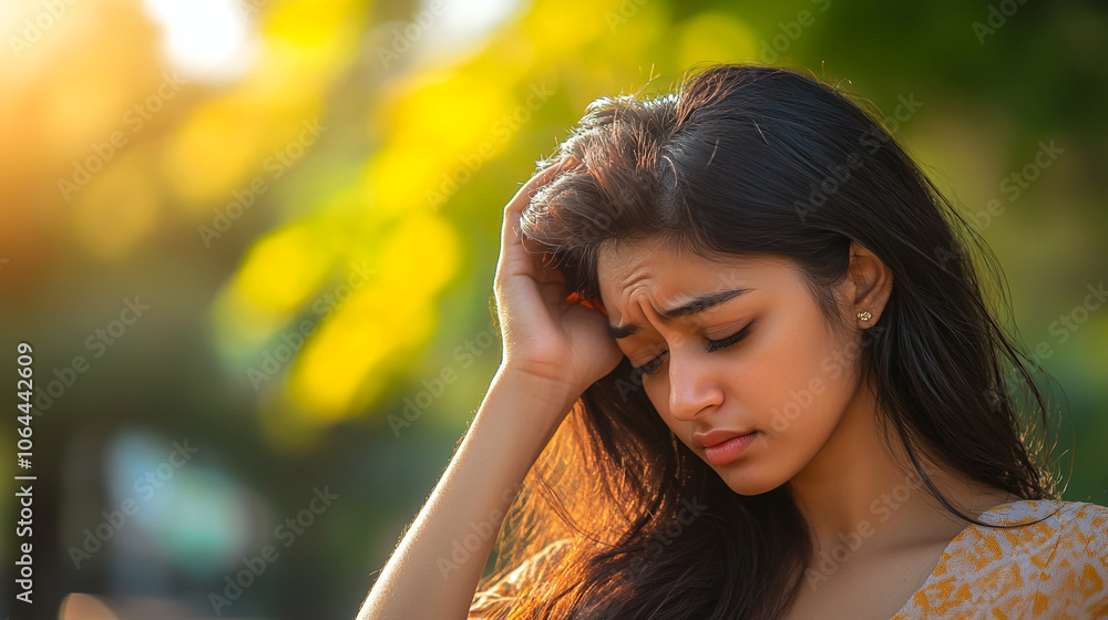 A young woman reflects on her thoughts in a sunny park during the golden hour A young woman reflects on her thoughts in a sunny park during the golden hour