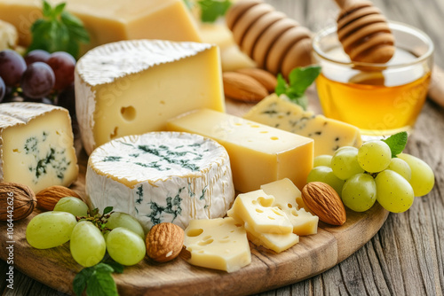 Artisan Cheese Platter with Honey and Fresh Fruits on Rustic Wooden Board