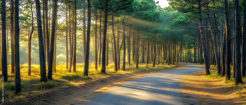 Fototapeta premium Sunbeams shining through trees on a forest road.