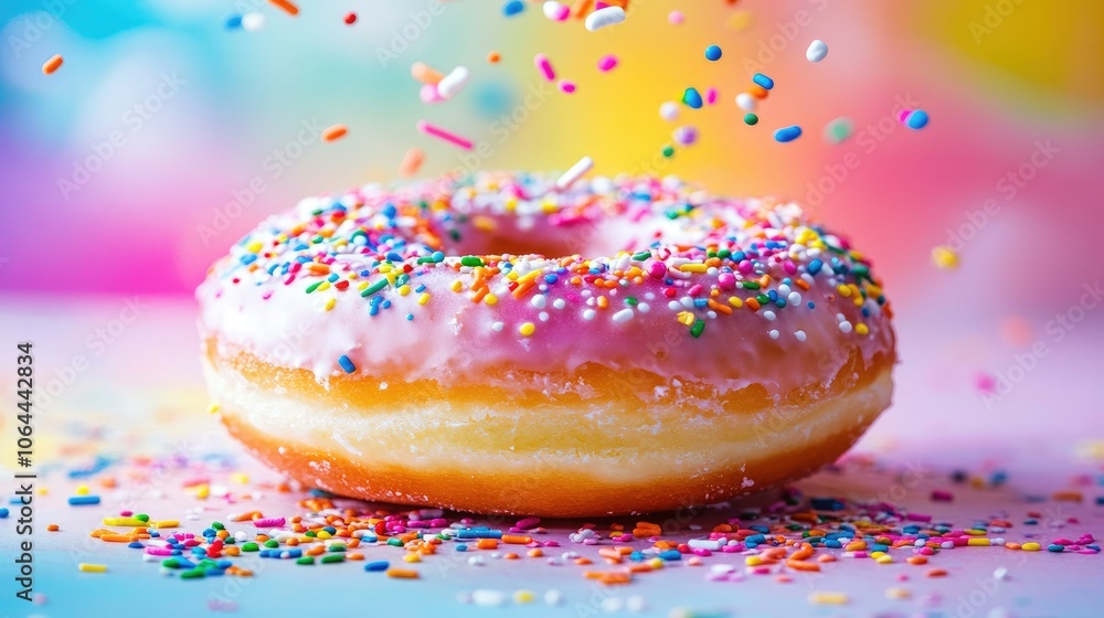 Colorful Sprinkled Donut on Vibrant Background Colorful Sprinkled Donut on Vibrant Background