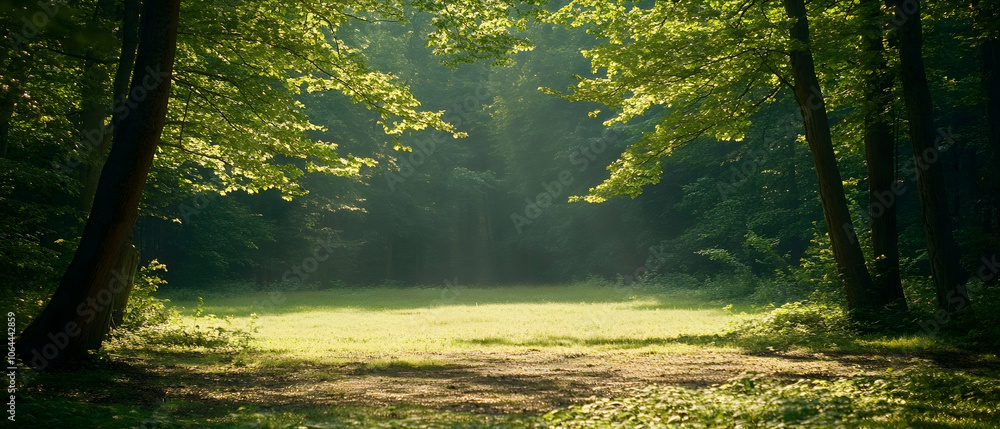 Obraz premium Sunbeams through trees in a green forest clearing.
