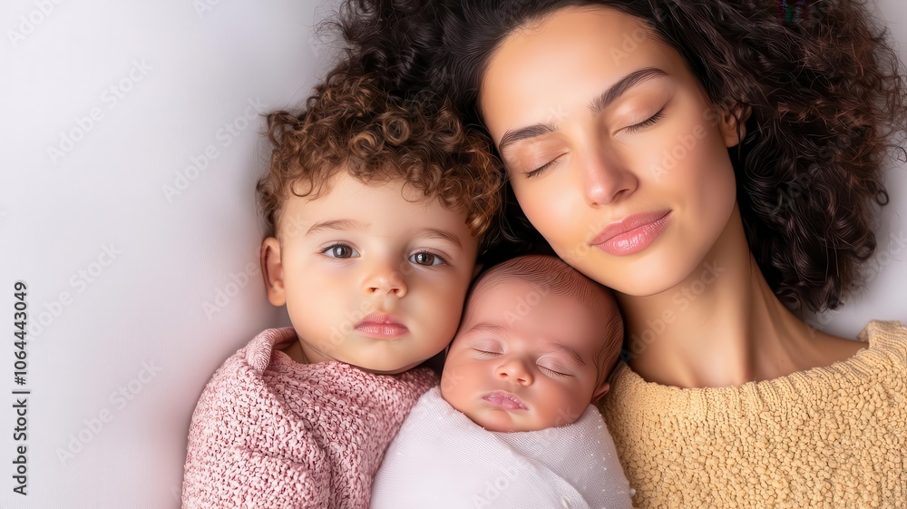 Mother trying to balance caring for her newborn and managing the needs of her older children motherhood stress, family balance Mother trying to balance caring for her newborn and managing the needs of her older children motherhood stress, family balance