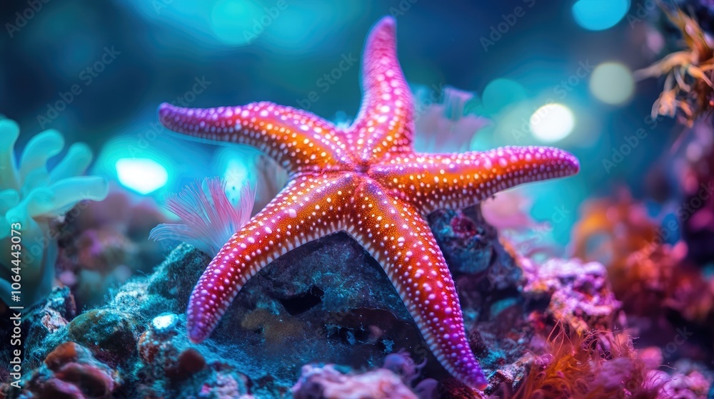 A vibrant starfish on an ocean floor. Perfect for marine life or underwater themes. A vibrant starfish on an ocean floor. Perfect for marine life or underwater themes.