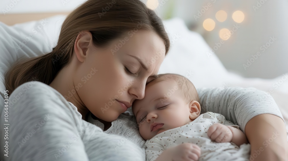 Mother trying to cope with postpartum insomnia, sitting awake at night while her baby sleeps postpartum insomnia, sleep struggles Mother trying to cope with postpartum insomnia, sitting awake at night while her baby sleeps postpartum insomnia, sleep struggles
