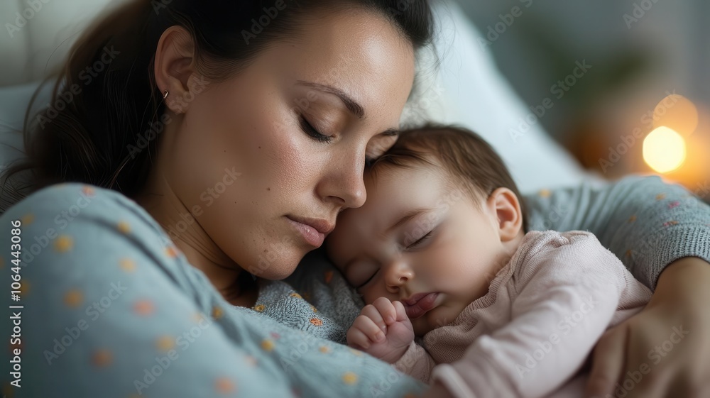 Mother trying to cope with postpartum insomnia, sitting awake at night while her baby sleeps postpartum insomnia, sleep struggles Mother trying to cope with postpartum insomnia, sitting awake at night while her baby sleeps postpartum insomnia, sleep struggles