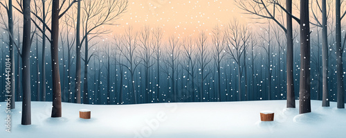 Snowy winter forest at dusk with trees and soft snowfall, serene winter scene. photo