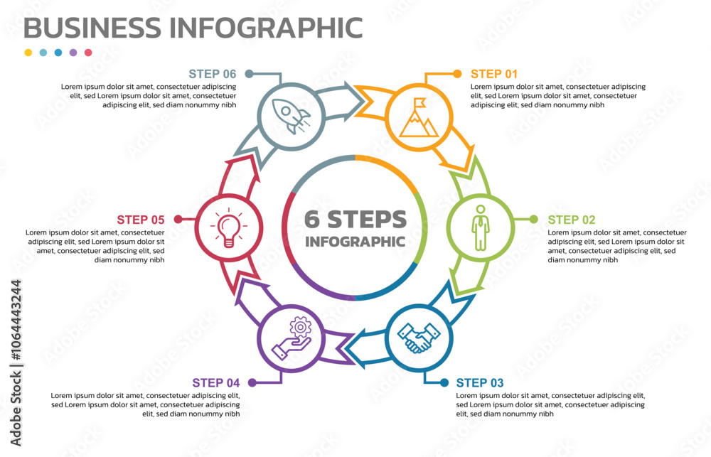 Fototapeta premium Visual data presentation. Cycle diagram with 6 options. Pie Chart Circle thin line infographic template with 6 steps, options, parts, segments. Business concept. Editable pie chart with sectors.