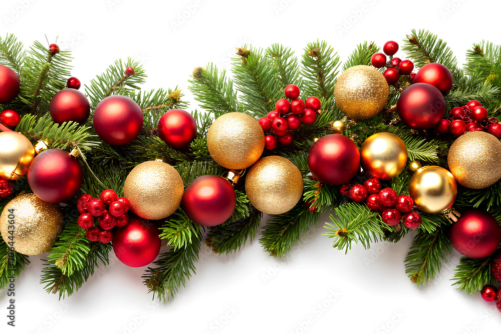 Christmas garland with red and gold baubles over white background. Christmas garland with red and gold baubles over white background.
