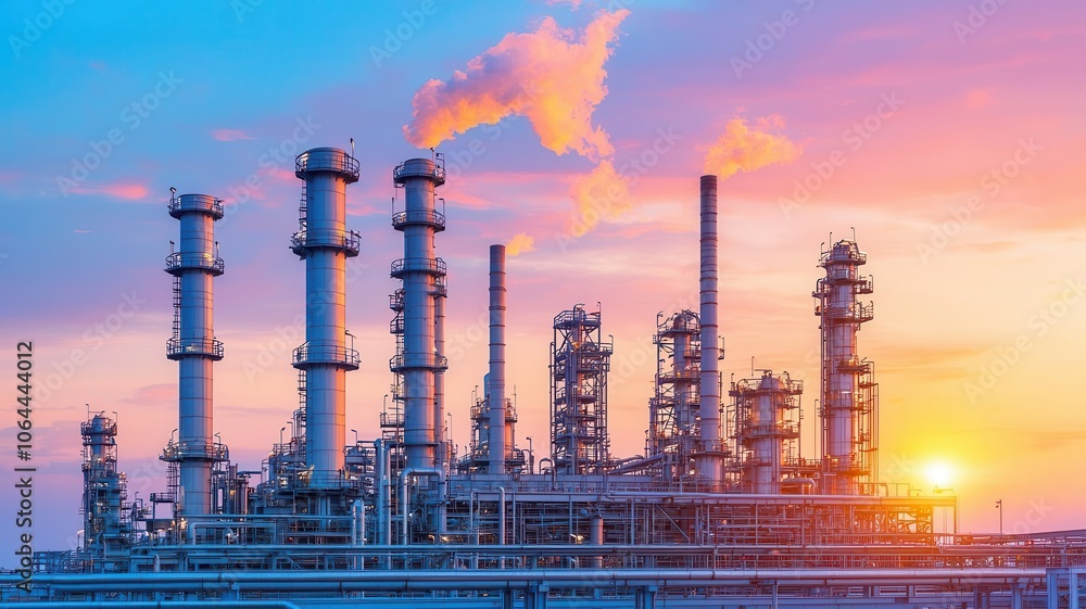 Obraz premium Oil refinery at dawn, with the first light illuminating smoke stacks and pipelines against the sky refinery at dawn, sunrise, industrial landscape