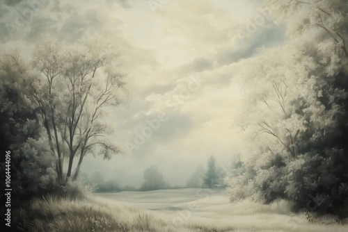 Vintage digital oil painting of a moody landscape for wall decor, art print, fine art, wallpaper, beautiful background design. Generative AI.