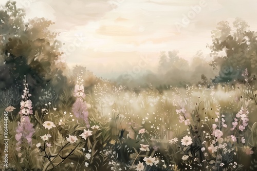 Fototapeta Naklejka Na Ścianę i Meble -  Vintage digital oil painting wildflowers lanscape for wall decor, art print, fine art, wallpaper, beautiful background design. Generative AI.