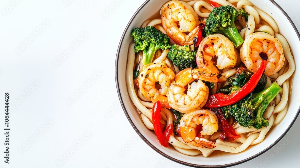 Delicious Udon Noodles With Shrimp, Red Pepper, and Broccoli for Dinner. Generative AI Delicious Udon Noodles With Shrimp, Red Pepper, and Broccoli for Dinner. Generative AI
