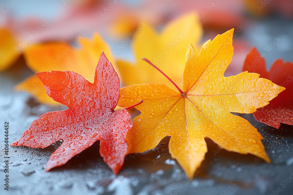 Close-Up Autumn Leaves with Dew Drops Close-Up Autumn Leaves with Dew Drops