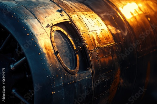 Vintage aircraft fuselage with rivets. The photo showcases the details of an old airplane, highlighting its history and rugged construction. photo