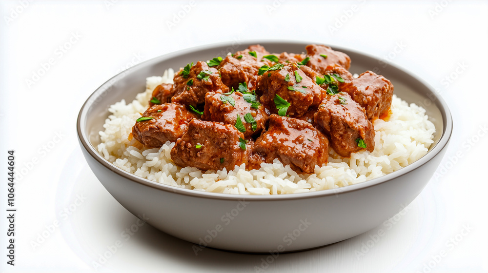 Grilled meat beef stroganoff with rice close-up on a plate. Isolated over white background Grilled meat beef stroganoff with rice close-up on a plate. Isolated over white background