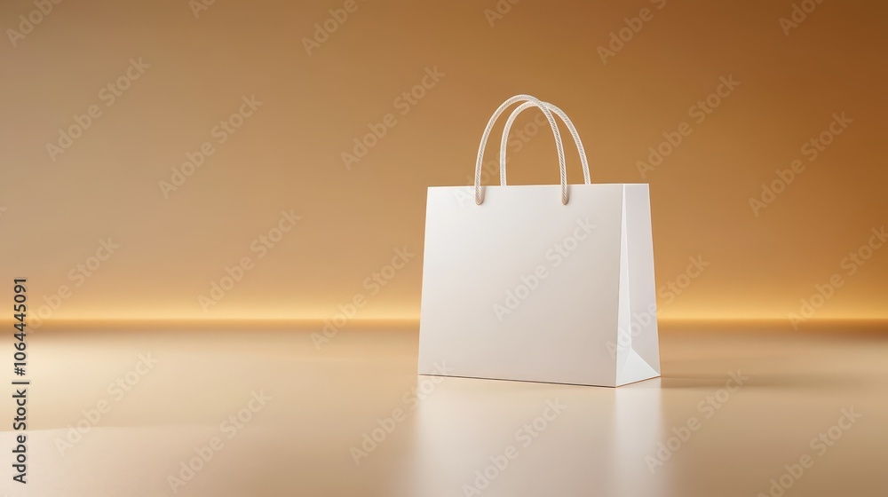 A charming mock-up of a blank craft package featuring a white paper shopping bag with handles, placed against a subtle neutral backdrop, ideal for highlighting custom logo designs. A charming mock-up of a blank craft package featuring a white paper shopping bag with handles, placed against a subtle neutral backdrop, ideal for highlighting custom logo designs.