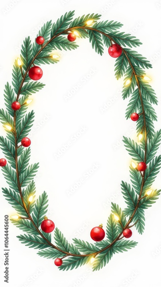Christmas Festive oval wreath of evergreen branches adorned with red ornaments, berries, and warm string lights on white background. Holiday Xmas seasonal decor vertical banner with copy space Christmas Festive oval wreath of evergreen branches adorned with red ornaments, berries, and warm string lights on white background. Holiday Xmas seasonal decor vertical banner with copy space
