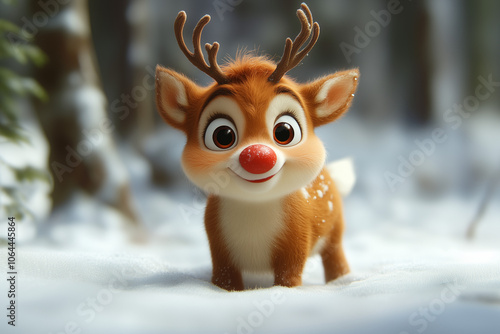 Adorable Red-Nosed Reindeer in Snowy Forest