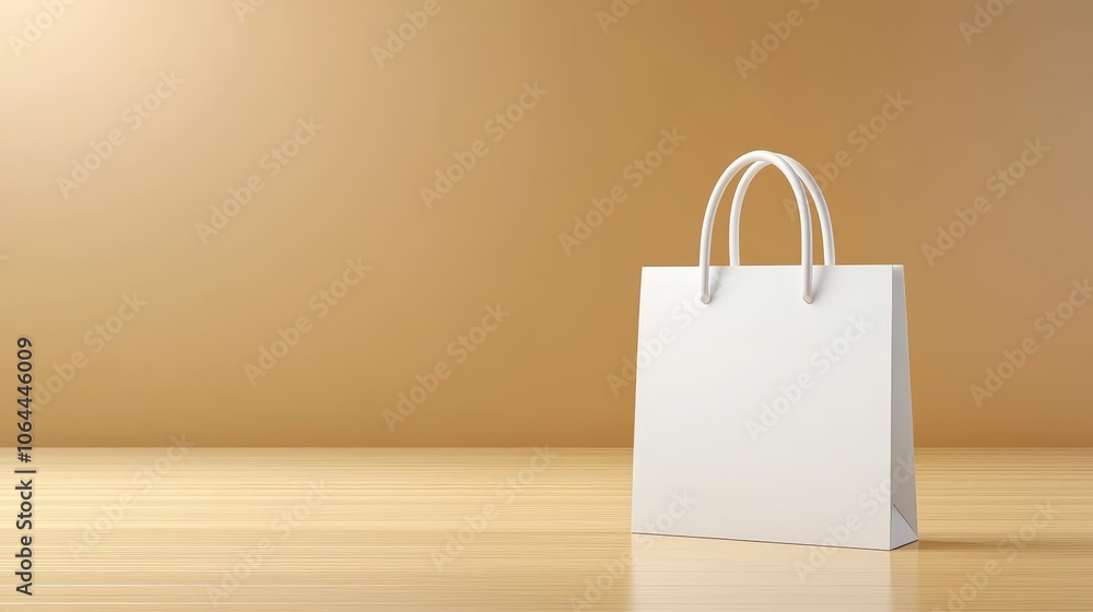 A clean mock-up of a blank craft package showcasing a white paper shopping bag with handles, elegantly placed against a soft neutral background, perfect for branding presentations.