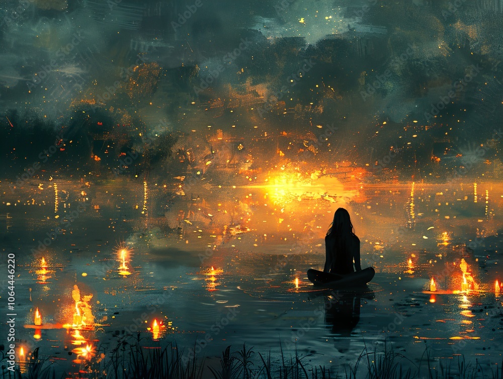 Woman Meditating on a Lake with Glowing Lights and a Mystical Atmosphere Woman Meditating on a Lake with Glowing Lights and a Mystical Atmosphere
