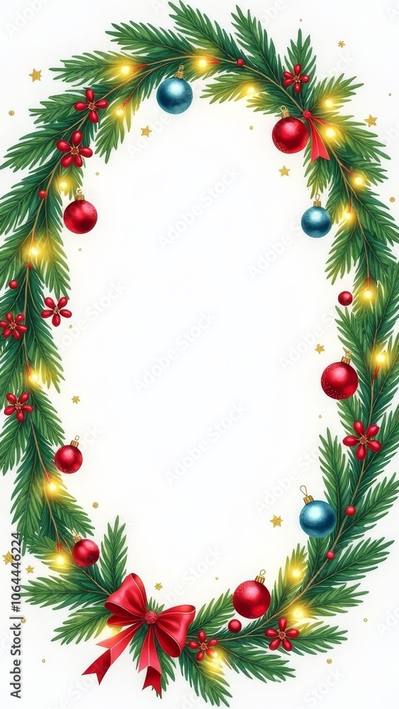 Christmas Festive oval wreath of evergreen branches adorned with red ornaments, berries, and warm string lights on white background. Holiday Xmas seasonal decor vertical banner with copy space Christmas Festive oval wreath of evergreen branches adorned with red ornaments, berries, and warm string lights on white background. Holiday Xmas seasonal decor vertical banner with copy space