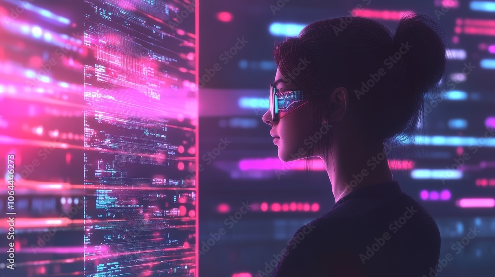 Woman with Augmented Reality Glasses Analyzing Digital Interface
Woman with Augmented Reality Glasses Analyzing Digital Interface