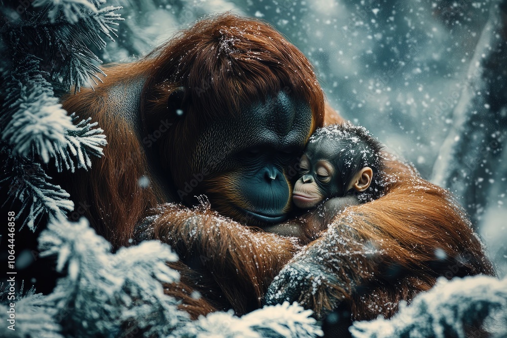Obraz premium A mother orangutan snuggles her baby in the snow. This photo portrays the bond between a mother and child, and the protective nature of mothers.
