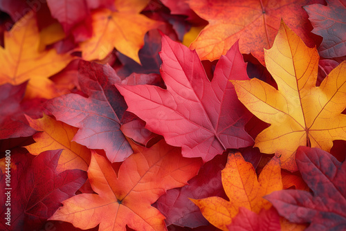 Closeup photo of a pile of fallen maple leaves in bright shades of red orange and yellow during autumn background image