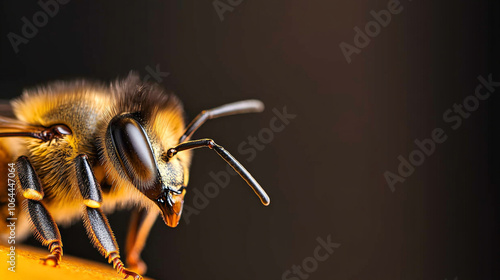 Close-up of a bee on a flower, white isolated background. photo