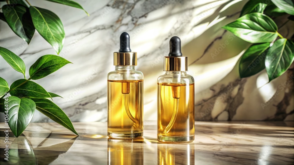 Bottles of oil with droppers sit gracefully against a marble backdrop, surrounded by plant shadows, enhancing the atmosphere for wellness and stylish interior decor. Bottles of oil with droppers sit gracefully against a marble backdrop, surrounded by plant shadows, enhancing the atmosphere for wellness and stylish interior decor.