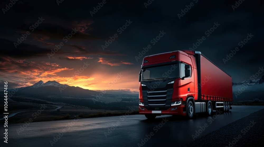Red Truck on Road at Sunset in Scenic Landscape Red Truck on Road at Sunset in Scenic Landscape