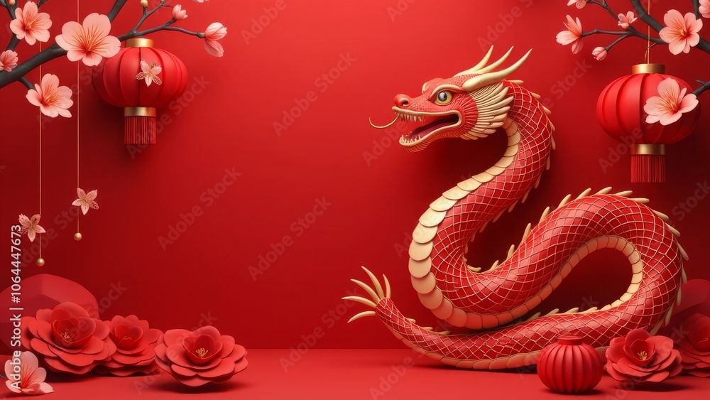 Chinese new year 2025 concept on red background dragon serpent. Copy space Chinese new year 2025 concept on red background dragon serpent. Copy space