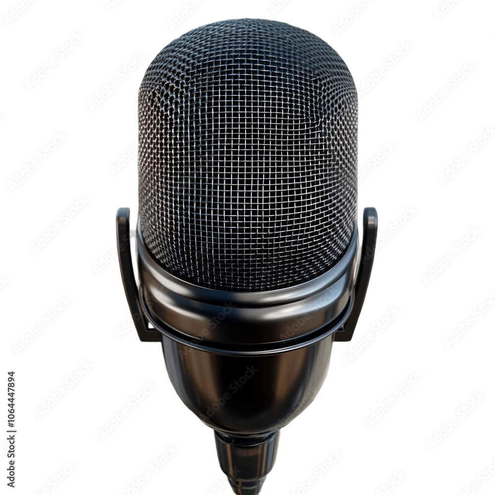 3D microphone, black with silver mesh head, glossy finish and floating on a transparent background 3D microphone, black with silver mesh head, glossy finish and floating on a transparent background