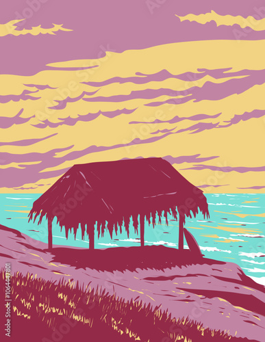 WPA poster art of surf beach at Windansea Beach on the coastline in the La Jolla community of San Diego, California, United States USA done in works project administration.
