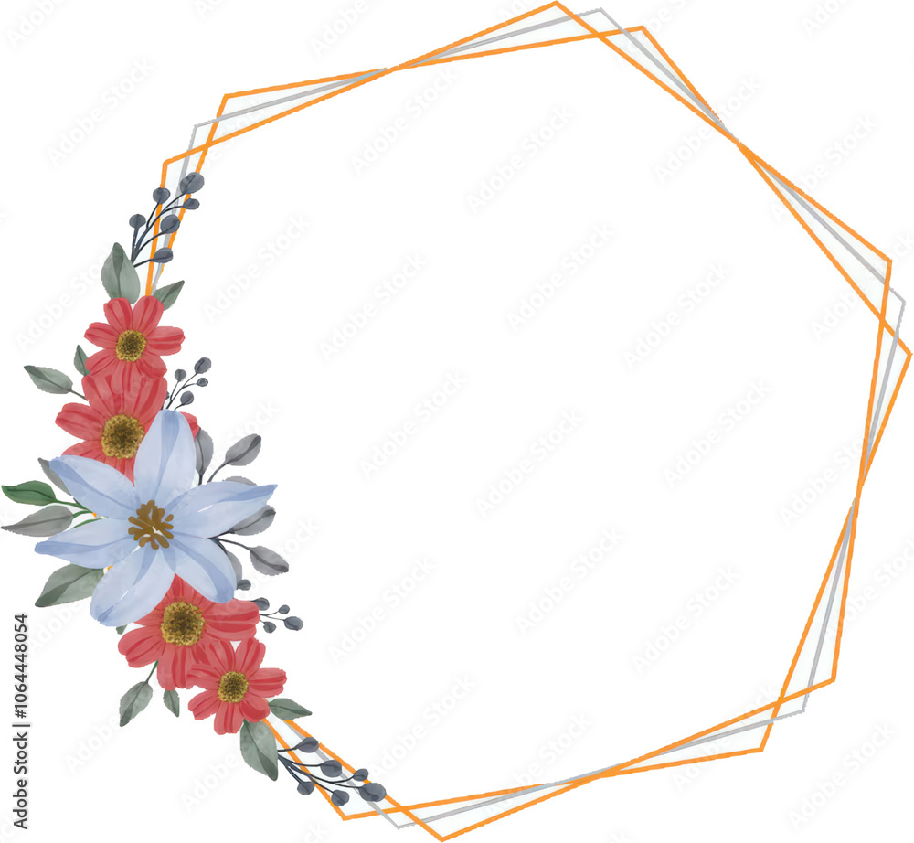 Obraz premium Floral Geometric Frame with Pink and Blue Flowers on Black Background 