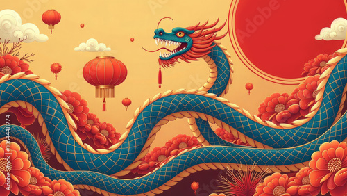 Chinese new year 2025 concept on red background dragon snake year symbol, red lanterns, flowers. Copy space photo