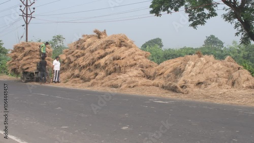 loading bails of hay to the motorized van stacked at the road side