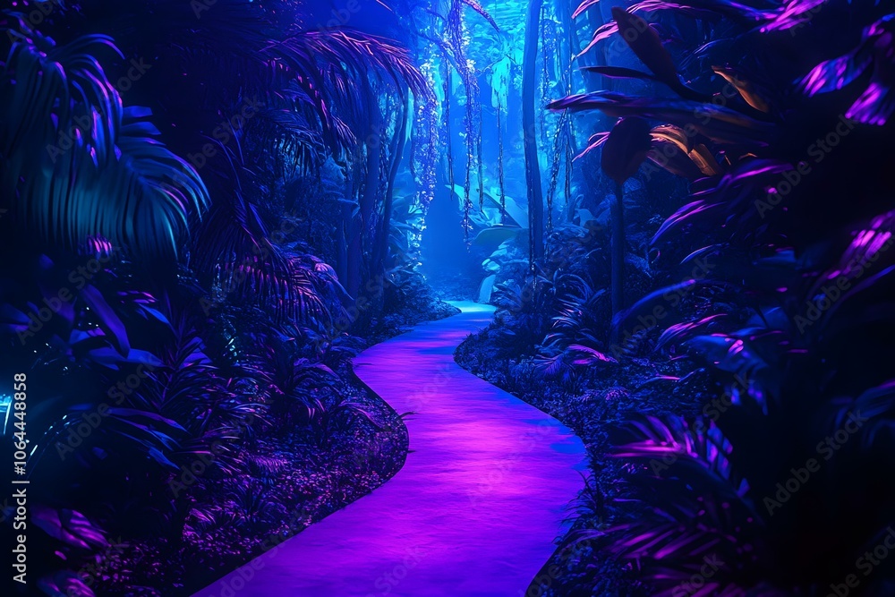 Fototapeta premium Enchanted Jungle Pathway Illuminated by Vibrant Blossoms
