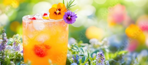 Brightly colored cocktail garnished with flowers, outdoor summer event, 