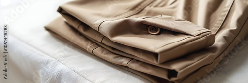 Elegantly Folded Pair of Khaki Pants in Stylish Design and Comfortable Fit photo